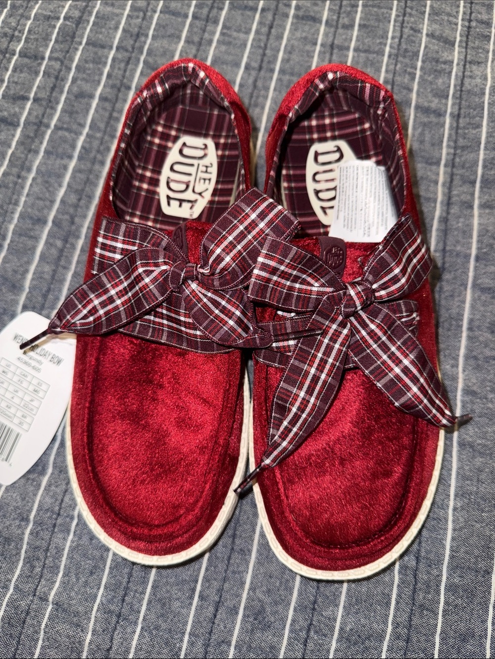 Hey Dude Women’s Burgundy Velvet Slip-On Flats with Plaid Bow
